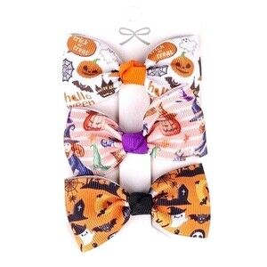Kids Halloween Hair Barrette Orange Pink Hair Bow Hairpin - 3 Piece, 2.75"